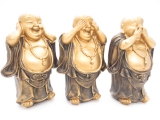 Stehender lächelnder Buddha, höre, sehe und spreche Schweigen in Gold