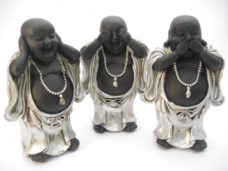 Grosshandel - Mittel Lachender Buddha, hören, sehen und Schweigen silber/schwarz stehend