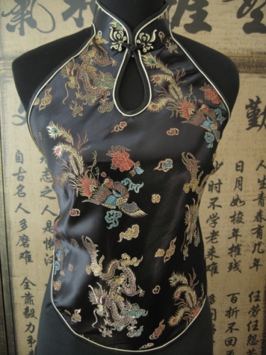 Chinesisches Shirt mit Öffnung und Drachen (schwarz)