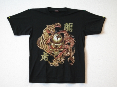 T-Shirt mit Drachen, Tiger und Todeskopf