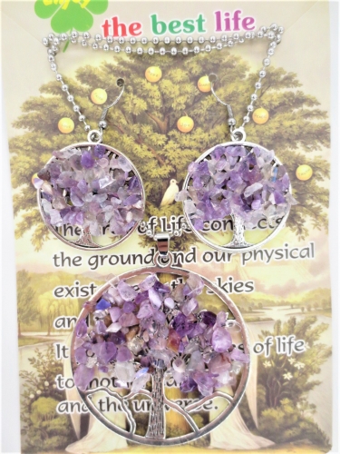Baum des Lebens Halskette + Ohrring Set amethyst