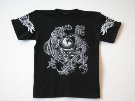 T-Shirt mit Drachen, Tiger und Todeskopf (Größe L)