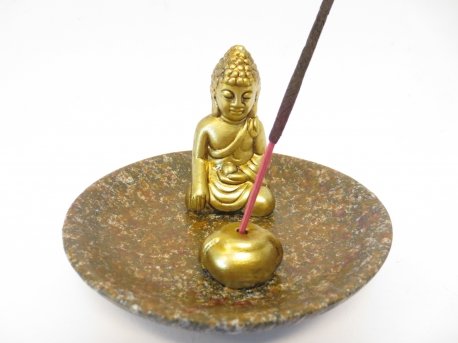 golden Buddha Räucherstäbchenhalter auf Schale braun