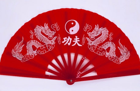 Tai Chi Fächer rot mit Drachen und Ying Yang