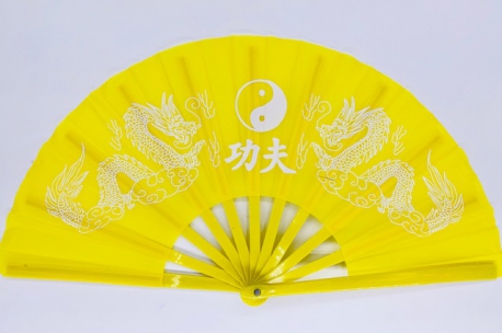 Tai Chi Fächer gelb mit Drachen und Ying Yang