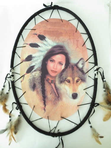 Oval Traumfänger Indische Frau mit Wolf