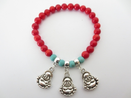 Rote Koralle Armband mit 3 Buddha-Anhänger